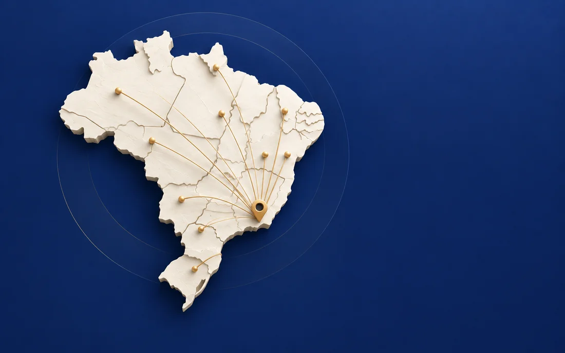 Mapa do Brasil com conexões convergindo para a região de Petrópolis